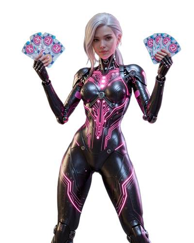 Max, Android-Sportbuch-Begleiter bei Gizbo Casino in dynamischer Cyberpunk-Pose mit neon-blauen Daten-Streams