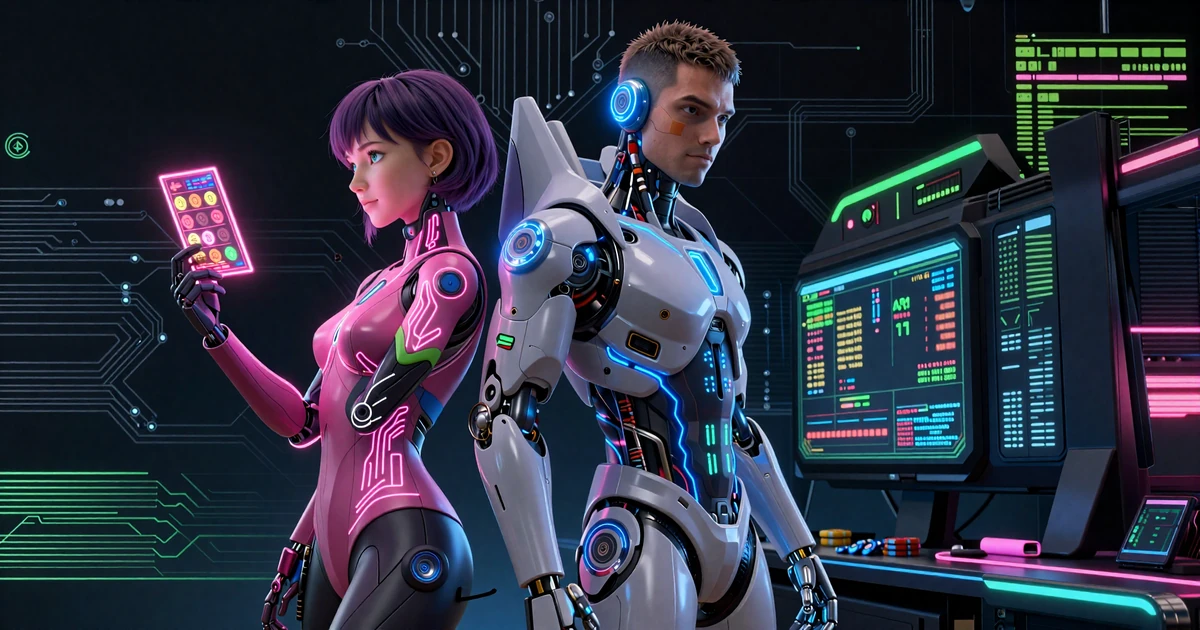 Eva, Android-Begleiterin f&uuml;r Casino-Boni bei Gizbo Casino im Cyberpunk-Design mit neon-rosa Hologramm-Displays